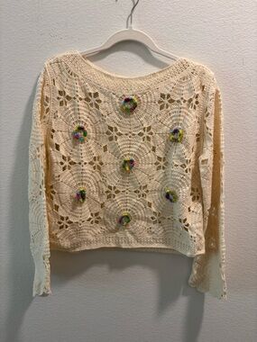 So Sweet Crochet Floral Motif Cream Long Sleeve Sweater, size o/s